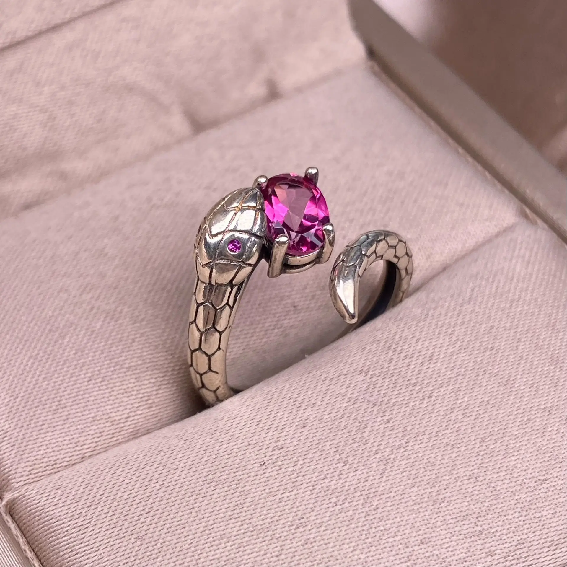 ZECAA Pink Topaz Fine Jewelry Woman Pink Topaz Snake Ring With Natural Pink Topaz Gemstone 5*7mm Silver Pink Topaz Snake Ring