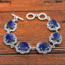 Oval Lapis Lazuli Stone Bracelet Plum Flower Design Vintage Look Antique Silver Plated  Fashion Jewelry TB341