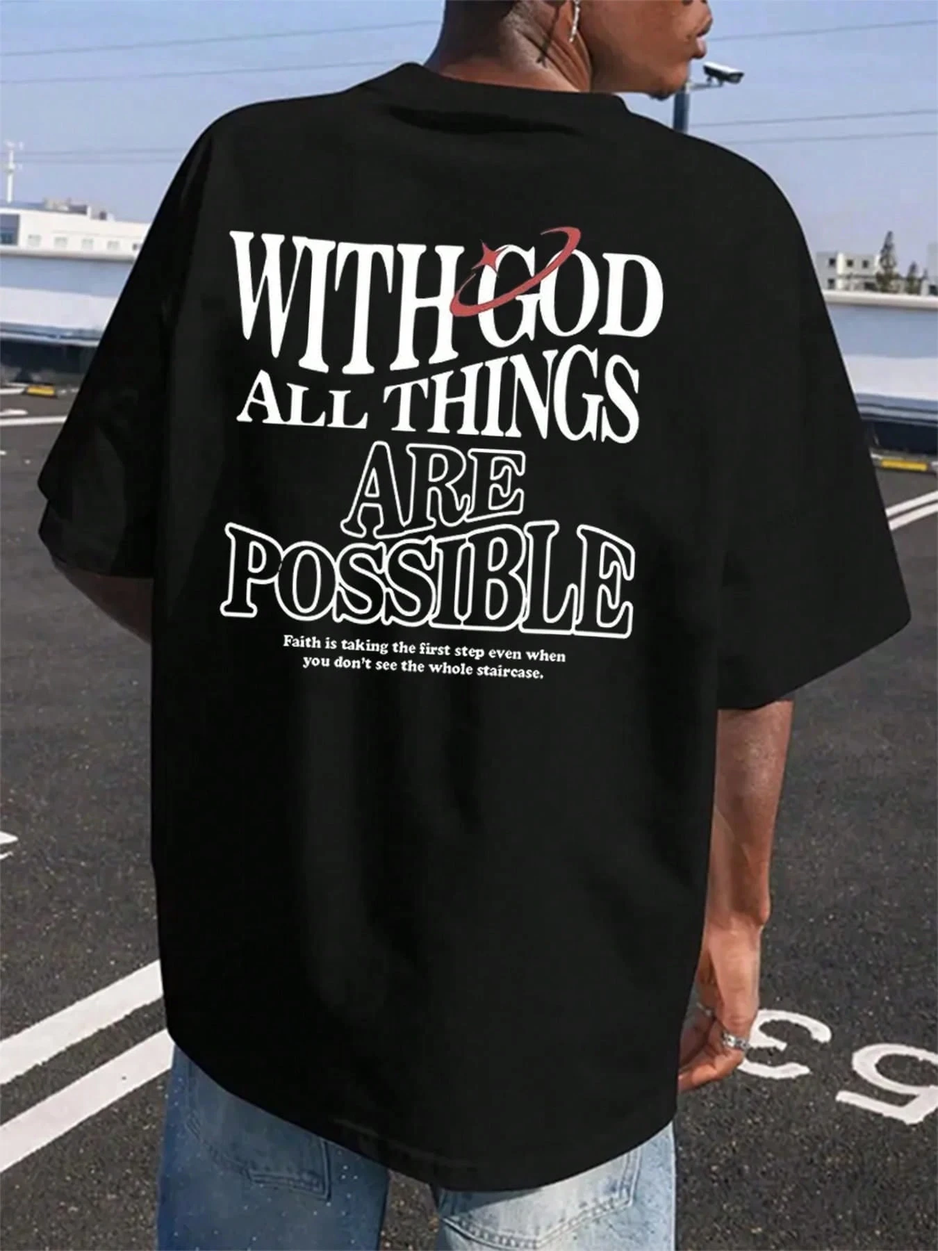 

God All Things Are Possible Christian Faith Cross Letter Graphic Print Round Neck Comfortable Soft Tee Shirt Cotton Tees For Men