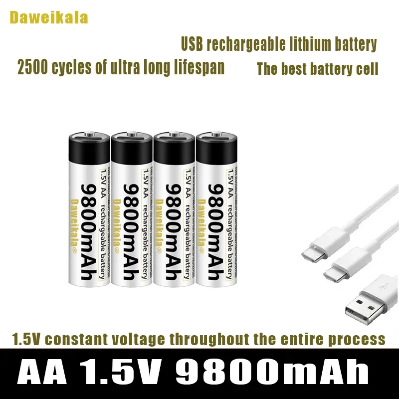 High capacity 1.5V AA 9800 mWh USB rechargeable li-ion battery for remote control mouse small fan Electric toy battery + Cable