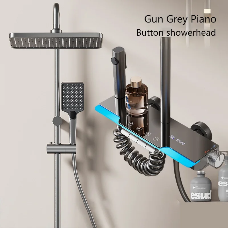 Grey Shower Set Ambient Light Showers System Set  Digital Display Piano Button With Bathroom Faucets Shower Head