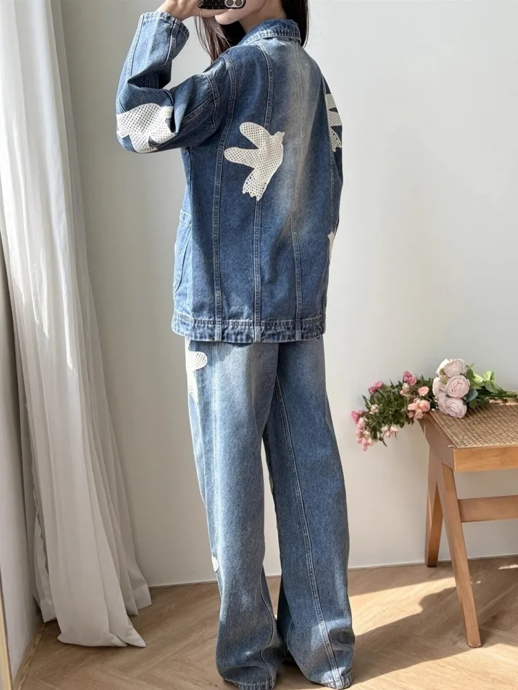 Conjunto de dos piezas de chaqueta vaquera para mujer con cuello vuelto y apliques de diseño de pájaro Retro, trajes con bolsillo, pantalones vaqueros informales rectos de longitud completa