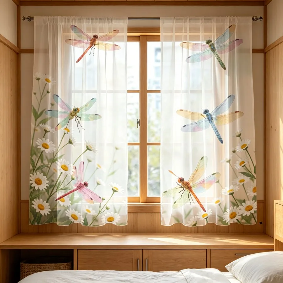 2PCS Digital Print Sheer Curtain, Pastel Dragonfly Daisy, Vintage Floral Window Curtains for Living Room Bedroom Home Decor