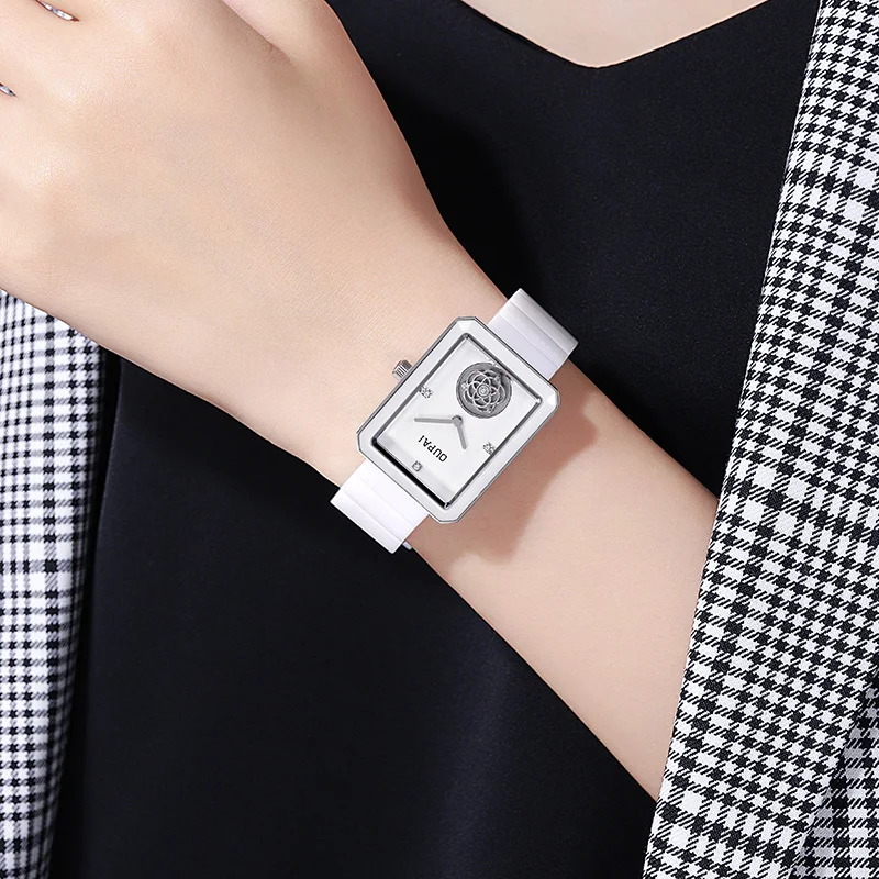 Квадратные женские часы OUPAI с прямоугольным циферблатом, белые керамические часы, женские кварцевые водонепроницаемые, повседневные и универсальные