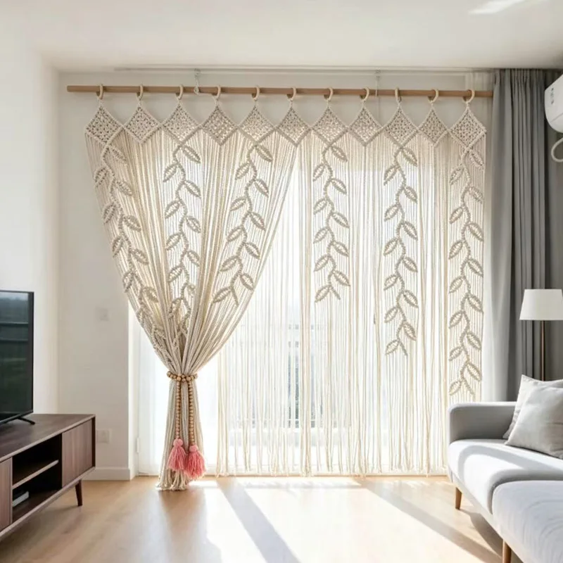 Nordic wind cotton rope woven tapestry door curtain, leaf fringed partition curtain, cross-border supply decorative hanging curt