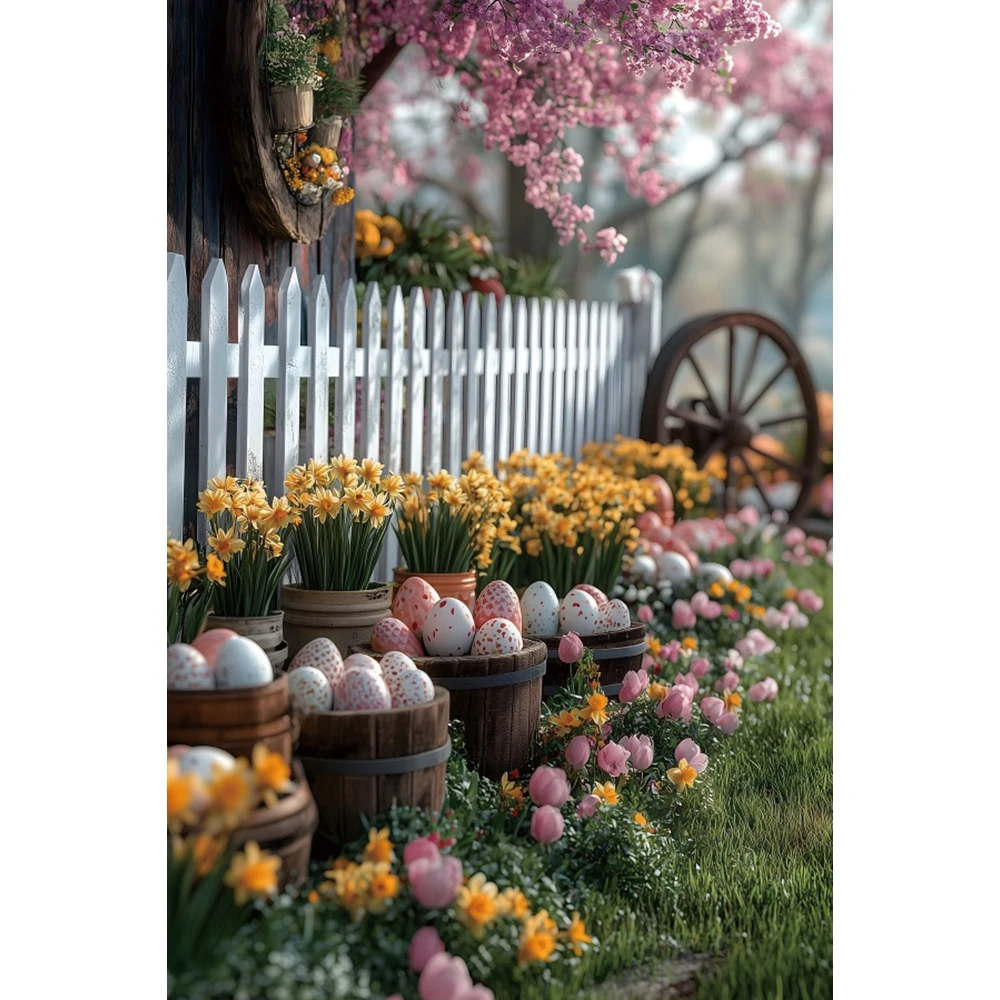 Easter Fairy Cottage White Fence Flower Path Photography Background Rustic Home Decor Portrait Party Photo Backdrop Studio Props