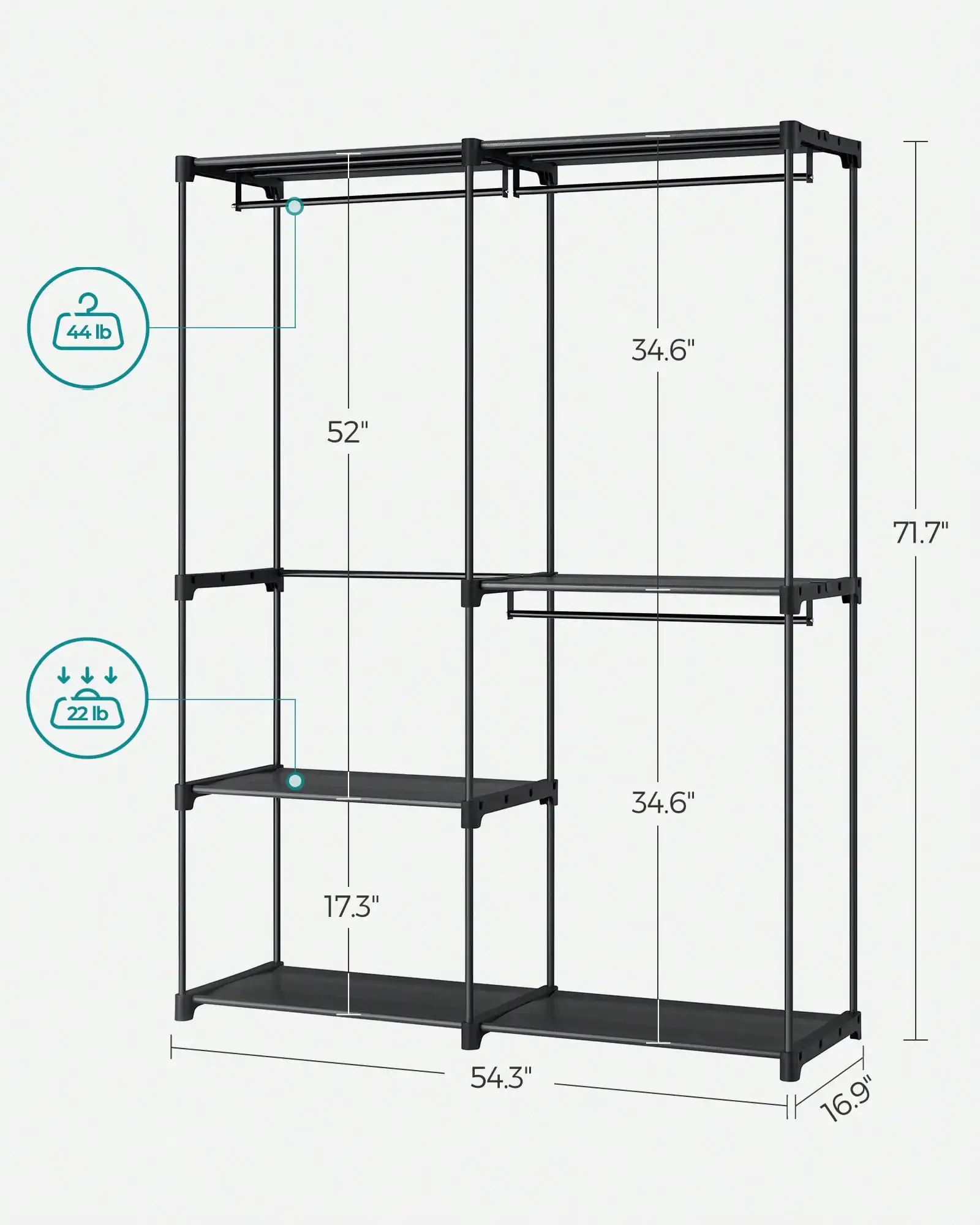 SONGMICS Portable Closet, Freestanding Closet Organizer, Clothes Rack With Shelves, Hanging Rods, Storage Organizer, For Cloakroom, Bedroom, 54.3 X 16.9 X 71.7 Inches, Black