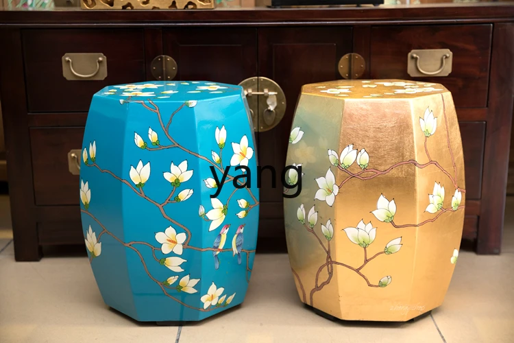 XYY classical antique Ming and Qing Dynasty furniture silver foil round ancient stool hand-painted silver foil flowers and birds