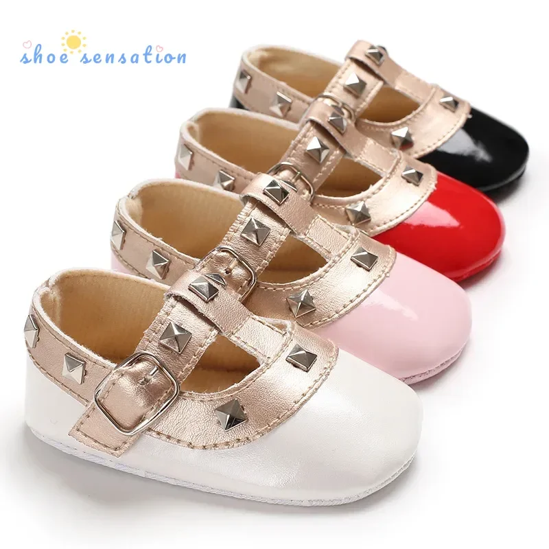 

Meckior 2024 New Rivet Baby Girl Princess Shoes Casual Patent Leather Anti Slip Party Newborn Toddler Shoes First Walkers 0-18M