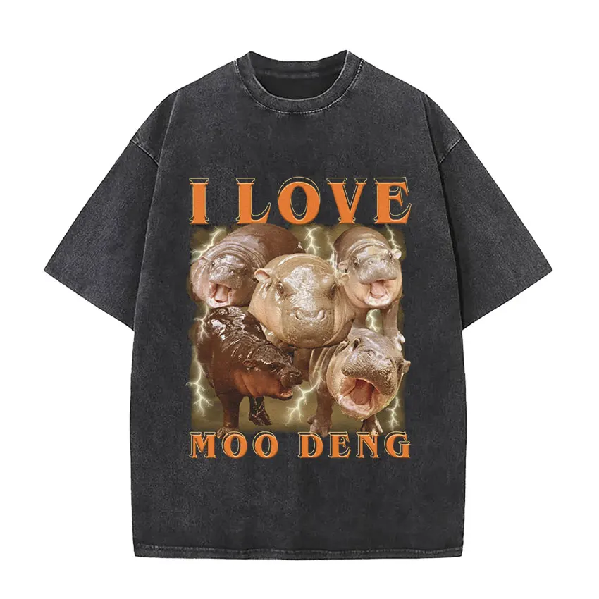 Moo Deng Hold on I\'m Overstimulated Funny Meme T Shirt Baby Hippo Vintage Washed Men Women T-shirts Y2k Gothic Clothing T-shirt