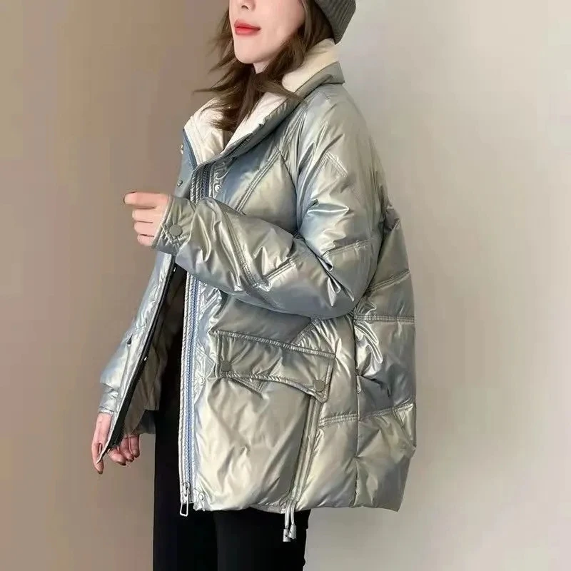 Abrigo de plumón de algodón brillante para mujer, Parkas cálidas gruesas y sueltas coreanas, chaqueta de plumas con cremallera y cuello alto, chaquetas casuales femeninas, Invierno