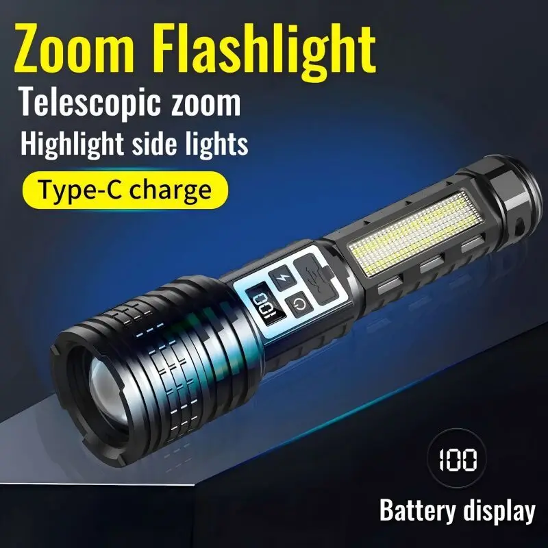 Zoom Flashlight USB Rechargeable Digital Display Multiple Modes with Side LED Portable Flashlight for Emergency,Outdoor,Car Use