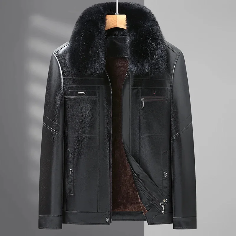 Leather Jacket Men Winter Fleece Warm Motorcycle Coats Mens Fashion New Biker PU Slim Overcoat Thick Fur Collar Jackets