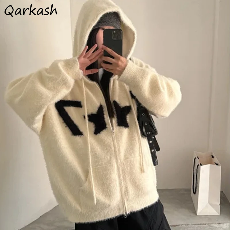 

Кардиганы с капюшоном женские осенние американские ретро молнии мешковатые уютные нежные свитера ленивый стиль Ulzzang универсальные женские шикарные для отдыха