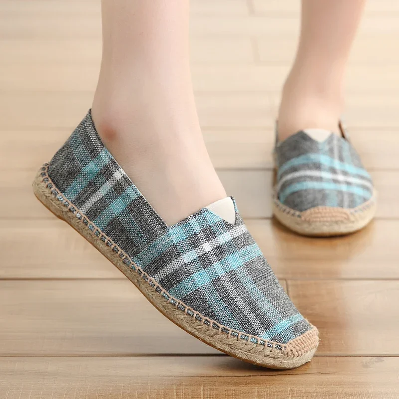 Breathable Lazy Shoes Comfortable Slip-on Soft Hand Stitched Thread Linen Sole Footwear Straw Woven Canvas Shoes Four Seasons