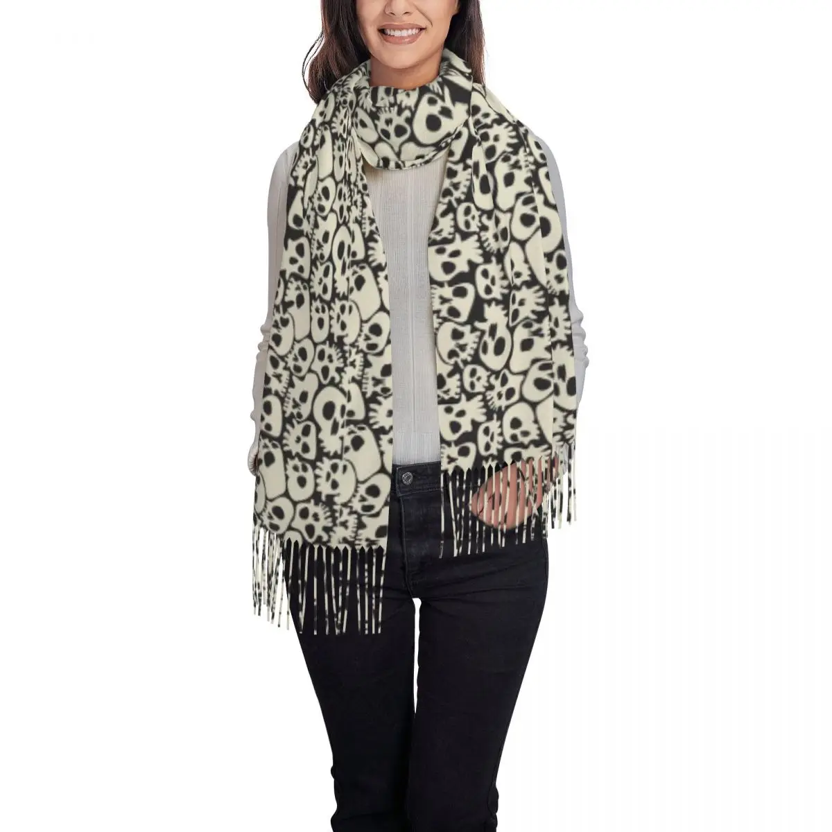 Sciarpa con teschi della morte Sciarpa da donna con cartoni animati divertenti di Halloween Avvolge con nappa Scialli di marca di lusso invernali Wrpas Bandana calda e morbida