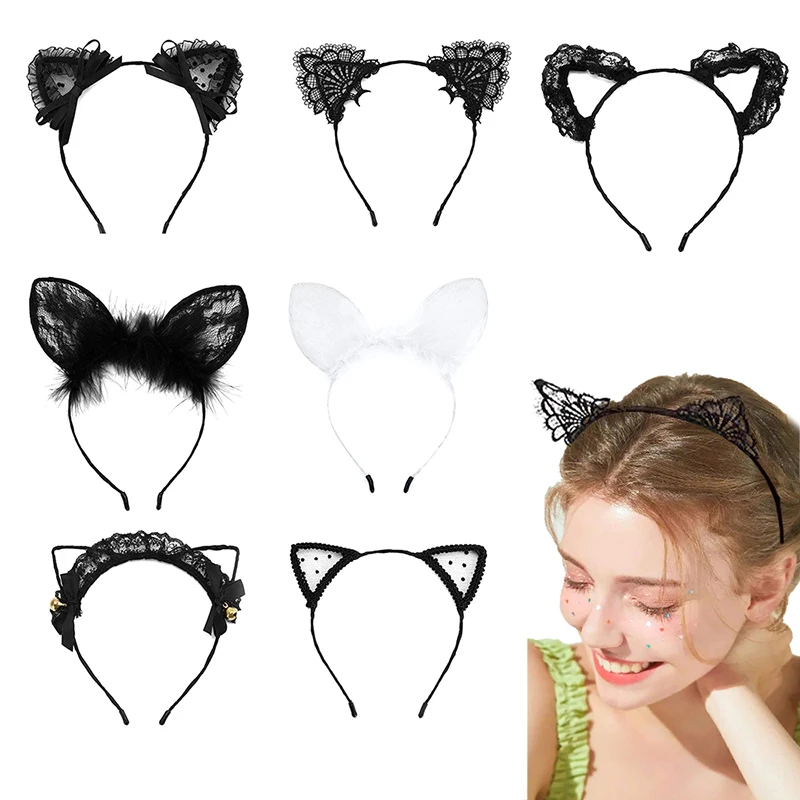 1Pc Headband Ladies Black White Lace Mesh Cat Ear Headband Sexy Crown Headband Rabbit Ear Hair Accessory Party Props