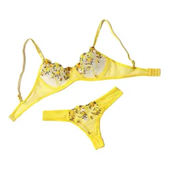 Yellow For Women Transparent Embroidered Underwear Transparent Hot Lingerie Panties Intimates Woman Two Piece Set Clothing