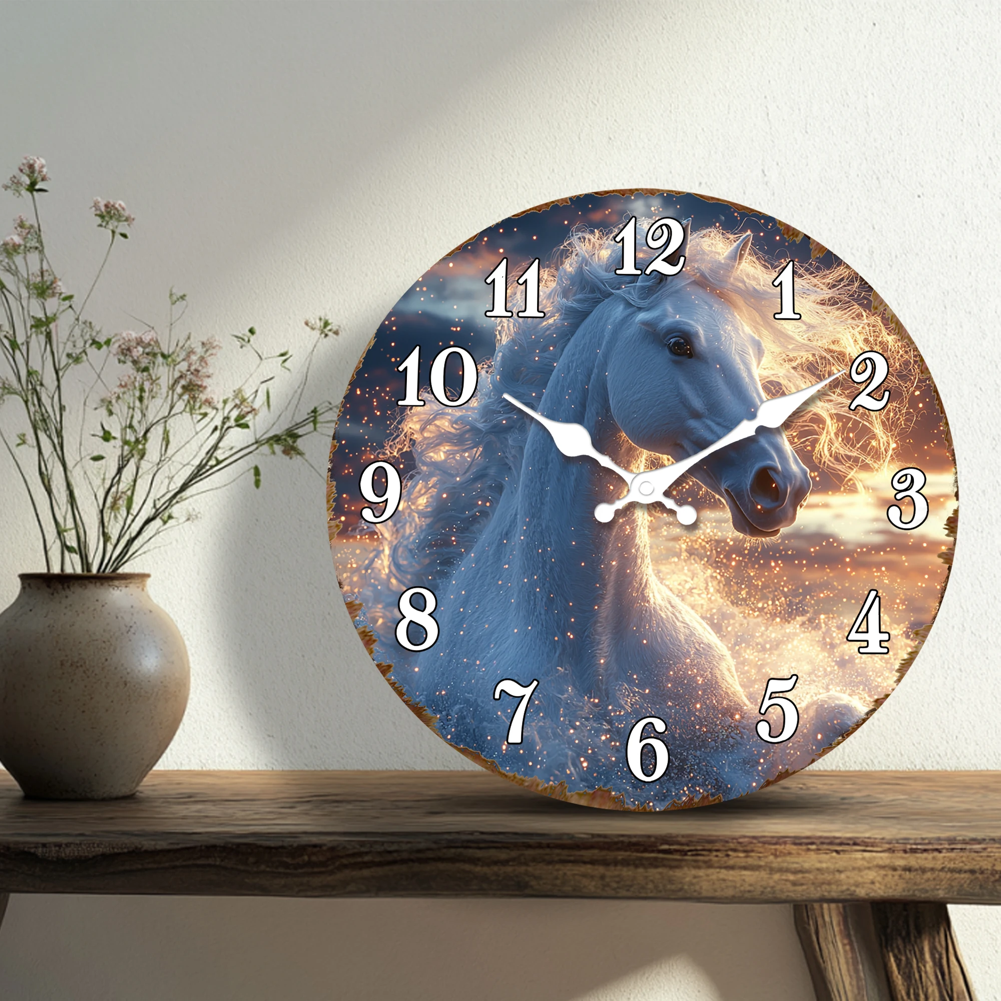Galloping White Horse at Sunset Round Wall Clock - Majestic Animal Theme Decorative Timepiece