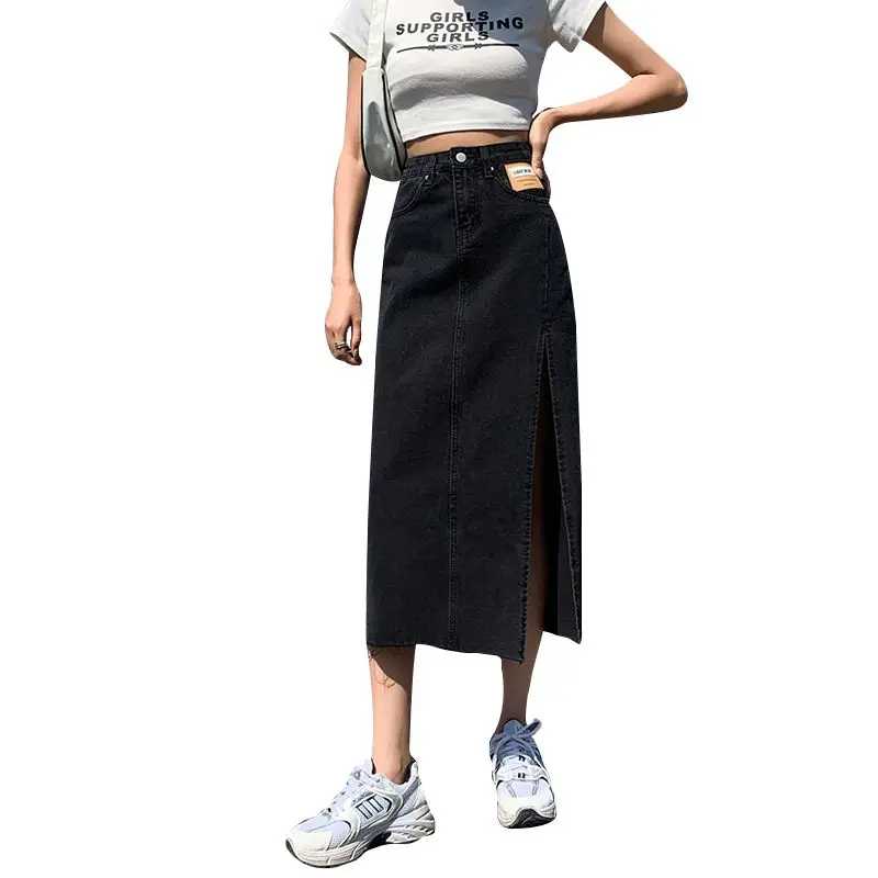 여성 빈티지 데님 솔리드 미디 기장 스커트 2025 여름 우아한 캐주얼 A라인 사이드 슬릿 코튼 여성 의류 신상 드레스