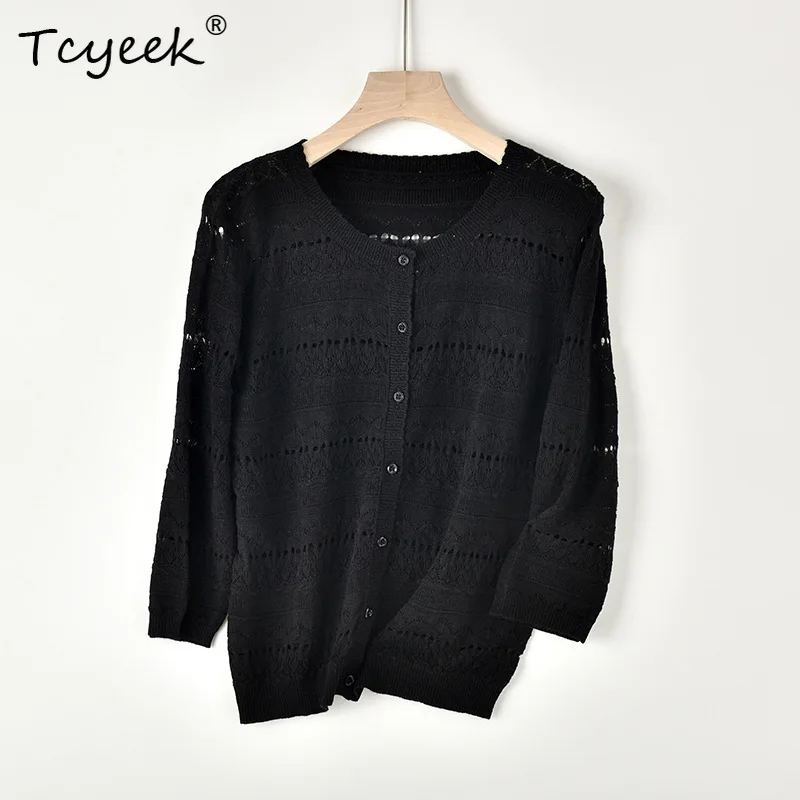 

Tcyeek, Spun Silk Cashmere Cardigans, O-Neck, Hollow Out, Women's Jacket, Fashion Elegant Vintage, 2024 Autumn Winter C49705QM