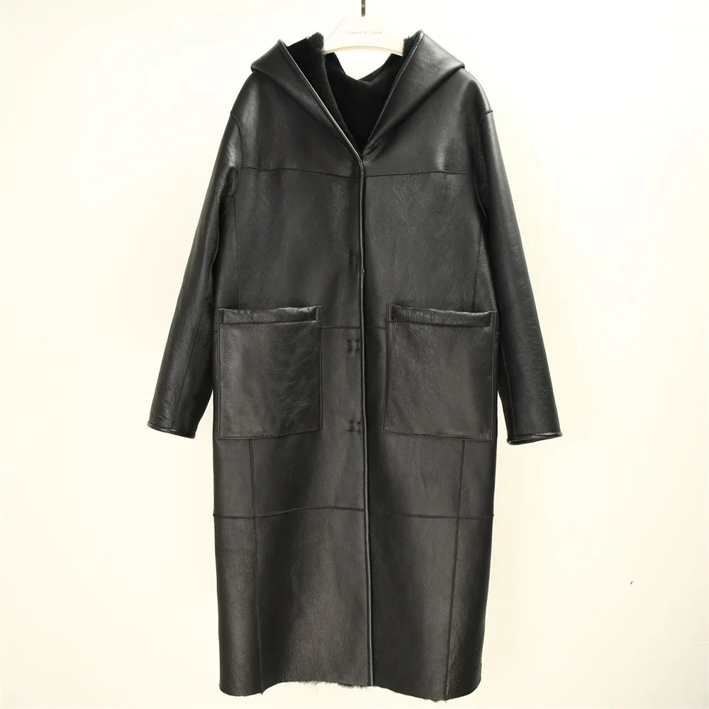 

2023 Women 2 Sides Wearing Long Loose Merino Sheepskin Shearling Fur Overcoats Black Gray Hooded Natural Fur Outerwear