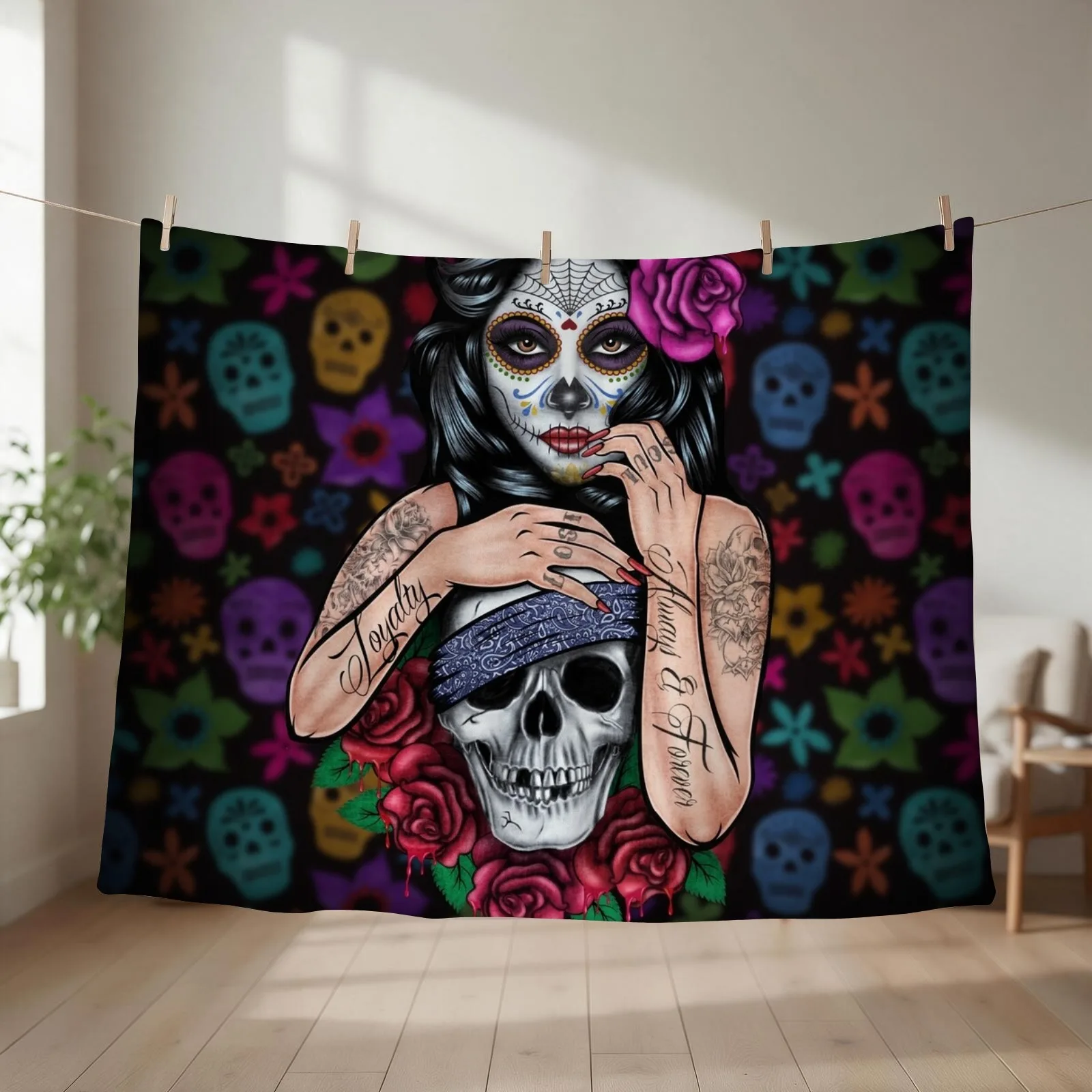 sugar skull floral Tattoo girl day of the dead Throw Blanket couch cozy soft plush fuzzy picnic outdoor blanket