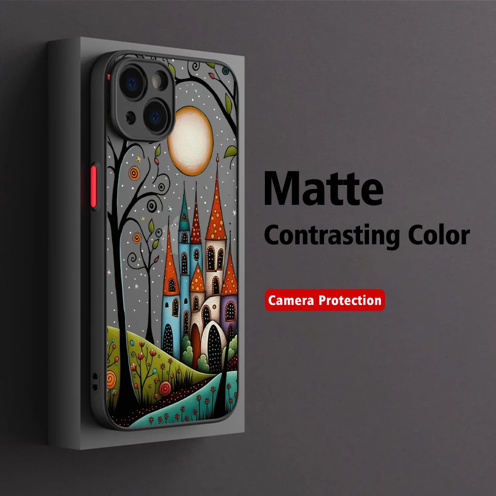 Hand Painted Forest House Illustration Phone Case For iPhone 15 14 13 12 11 Pro Max X XR XSMax 7 8  Matte Transparent Back Cover
