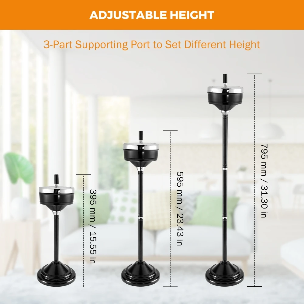 Adjustable Floor Standing Ash Tray w/ Lid Stainless Steel Smoking Ashtray Vertical Rotating Cigarette Detachable Ashtrays