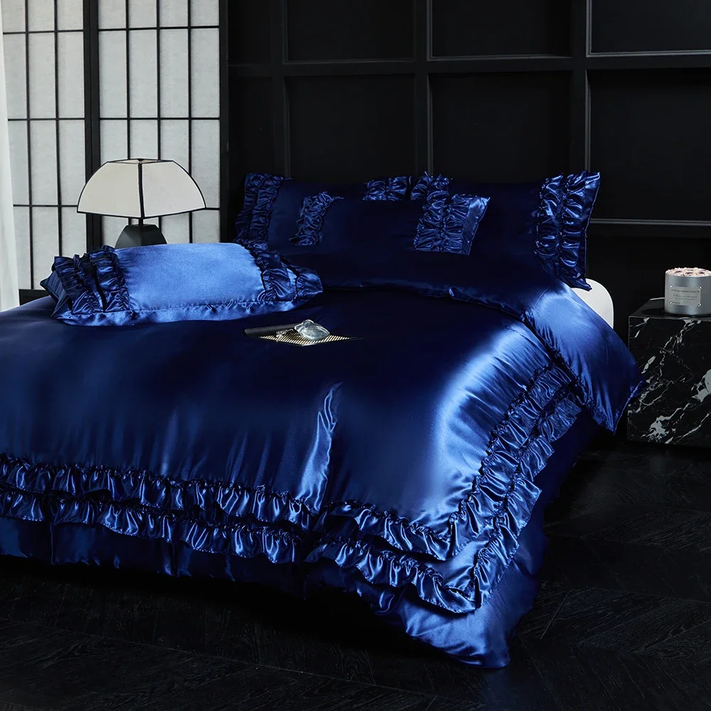 Luxury Satin Double-layered Ruffles Bedding Set Queen Soft Smooth Duvet Cover and Pillowcase Silky Single Double Comforter Cover