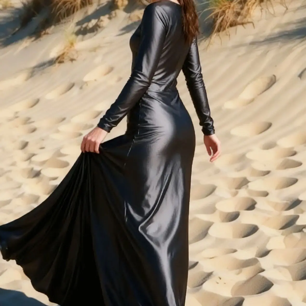 Czarna, błyszcząca sukienka maxi z satynowego jedwabiu, elegancka sukienka wkładana przez głowę, odzież do spania.