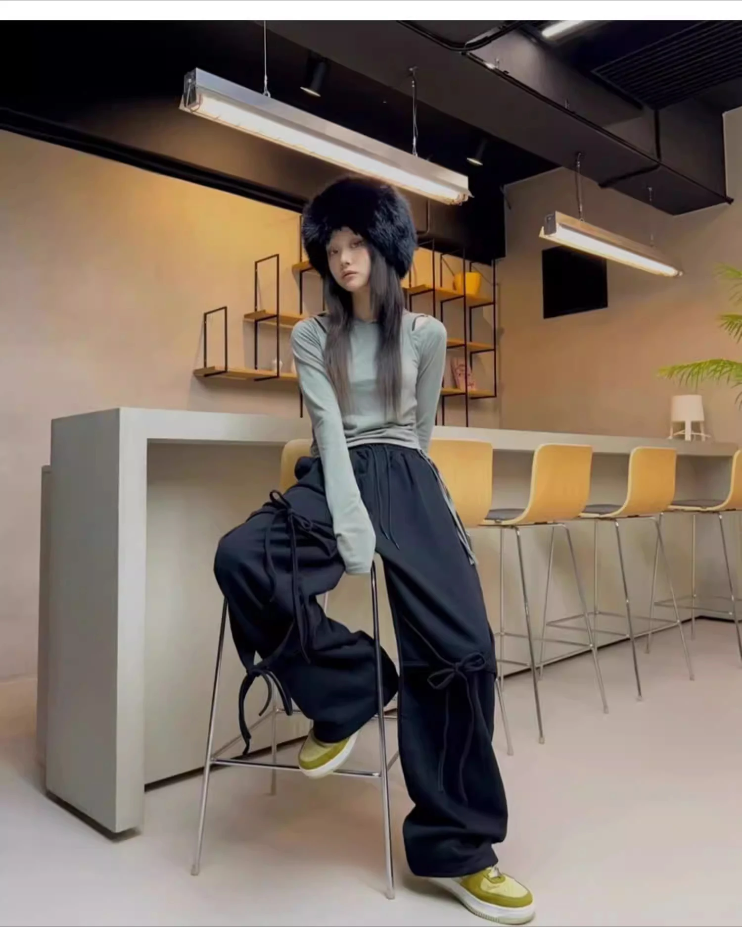 Fashion High Street Personalized Lace-up Loose Straight Leisure Pants Sweet Girls Solid Color Age-reducing Korean Dance Trousers