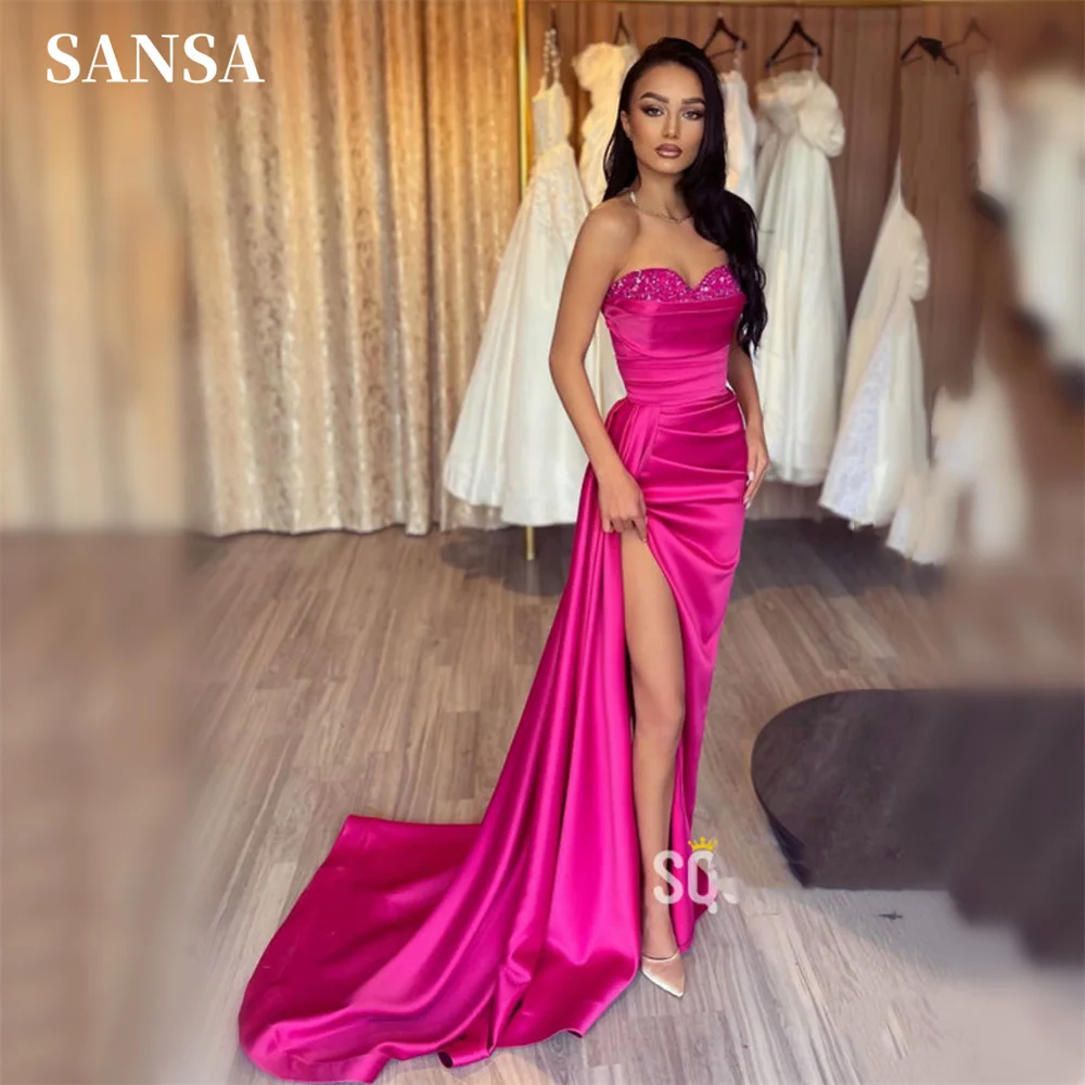 

Sansa Fuchsia Satin Mermaid فساتين سهره فاخره 2023 Silk Strapless Fishtail فساتين للحفلات الراقصة Sexy Sequins Chest Prom Dress