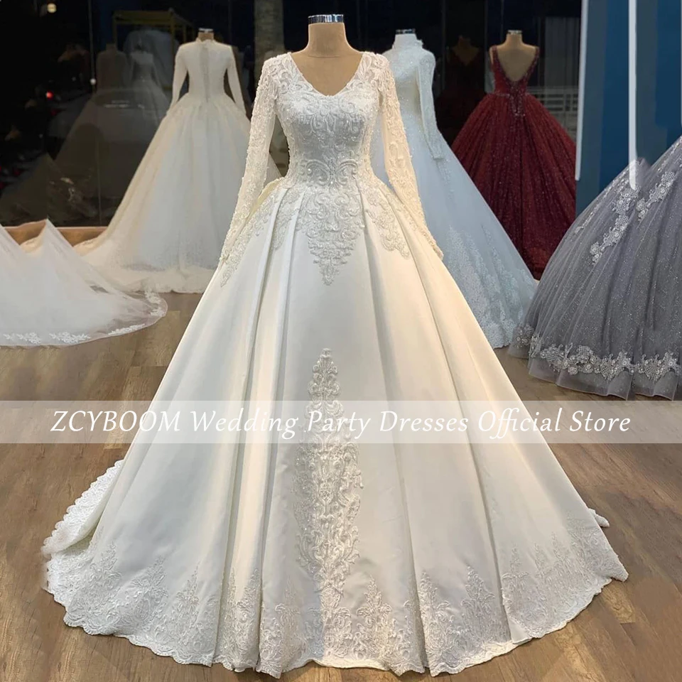 Elegante lantejoulas com decote em v mangas compridas apliques vestido de casamento 2024 vestido de baile até o chão varredura trem mancha zíper