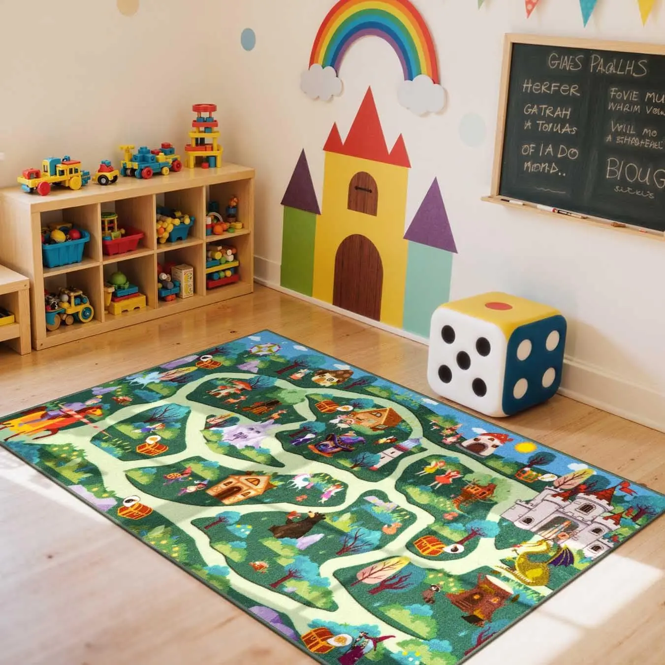 Kids Playroom Rug - Boys and Girls Fantasy Adventure Play Mat, Washable Forest Road Map Non Slip Carpet for Kids Play Room