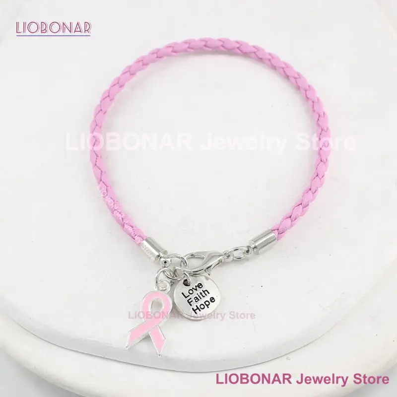 New Arrival Simple Pink PU Braid Leather Bracelets Awareness Jewelry Breast Cancer Bracelet With Pink Heart Ribbon Charm Pulsera