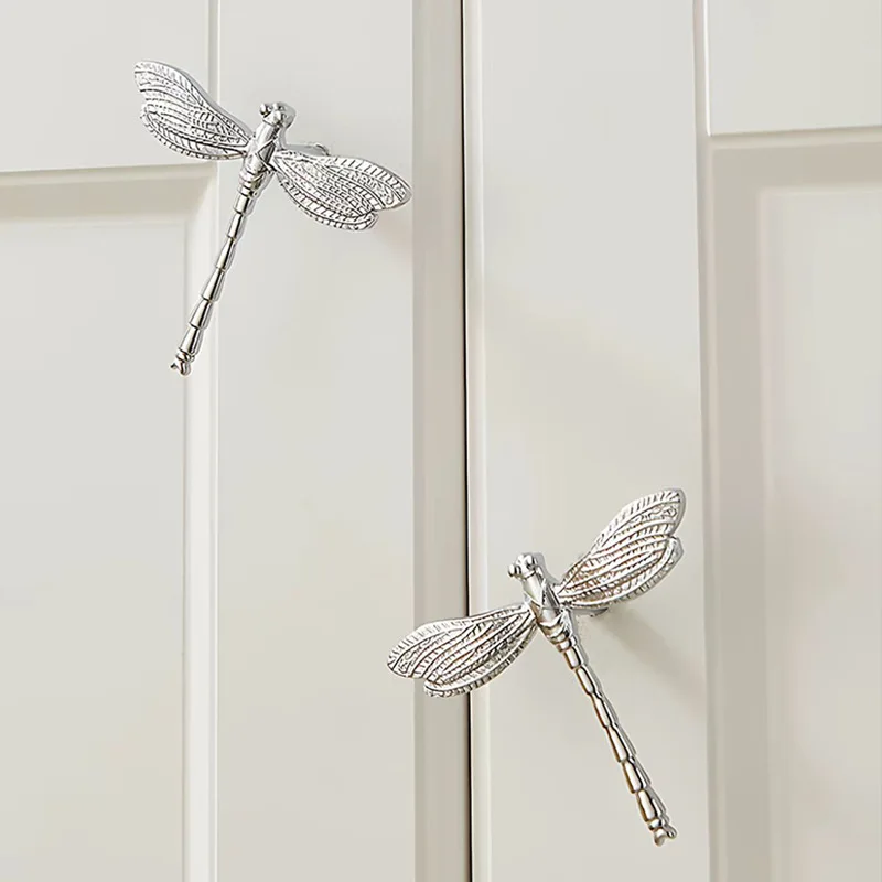 Creative Dragonfly Brass Cabinet Door Handle, Drawer Wardrobe Cabinet Zinc Alloy, Silver Handle