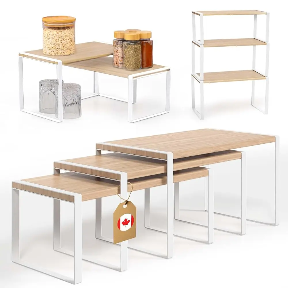 

Premium Kitchen Cabinet Organizer Shelf - Set Of 3 Kitchen Counter Shelves - Stackable Shelf Racks For Cabinets - Metal Frame &