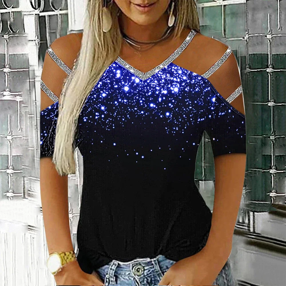 Women Glitter Short Sleeve V Neck T Shirt Ladies Casual Cold Shoulder Blouse Tops Clothing