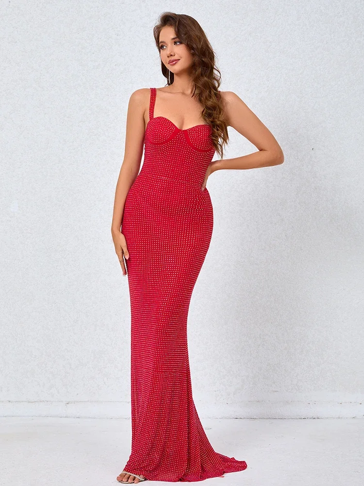 

Sexy Straps Glitter Diamonds Mermaid Maxi Dress Women Red Sleeveless Backless Rhinestones Floor Length Bodycon Dress Party Club