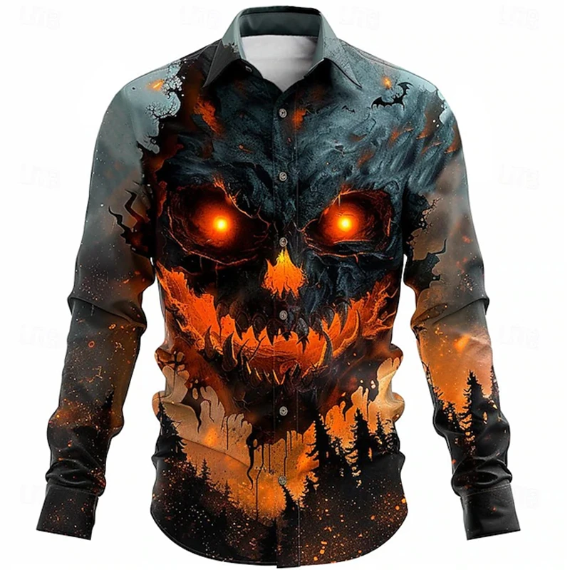 Men Fashion Button‑Up Shirt Spooky Halloween Night Print Long Sleeve Turn‑down Collar Casual Top Holiday Gathering Wear