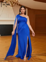 Missord Blue Plus Size Evening Dress Women Elegant One Shoulder Split Long Sleeve Ruched Maxi Mermaid Party Prom Dresses Gown