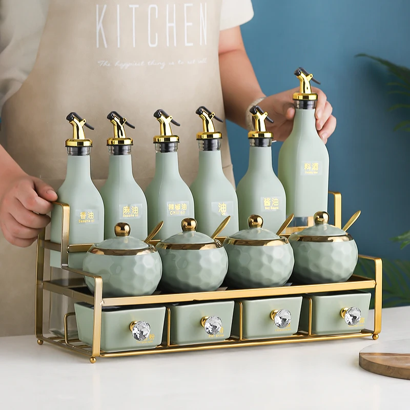 ‌Premium Glass Spice Set, Airtight Condiment Organizer, Elegant Oil & Vinegar Dispenser, Modern Kitchen Storage Solution