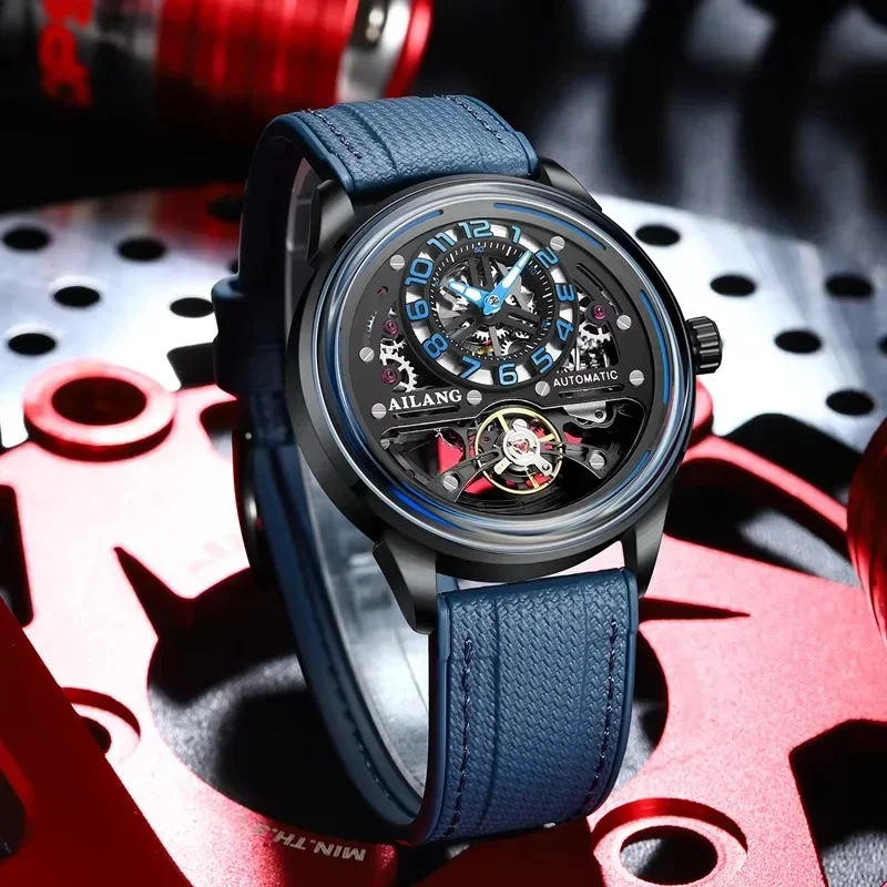 AILANG 8853 Men's Black Skeleton Tourbillon Automatic Mechanical Watch Unique Hollow out Design Waterproof Wristwatch