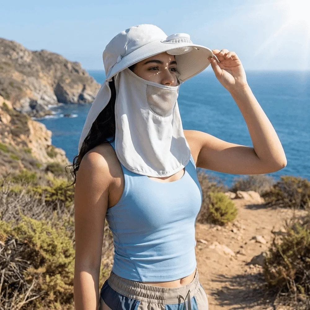 

Adjustable Solar-Powered Fan Hat Large Brim Face Cover UV Protection Hat Shoulder Cape Integrated Fisherman Hat Beach Wear