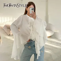 TWOTWINSTYLE Solid Elegant Shirt For Women Round Neck Long Sleeve Patchwork Single Breasted Minimalist Blouses Female Fashion