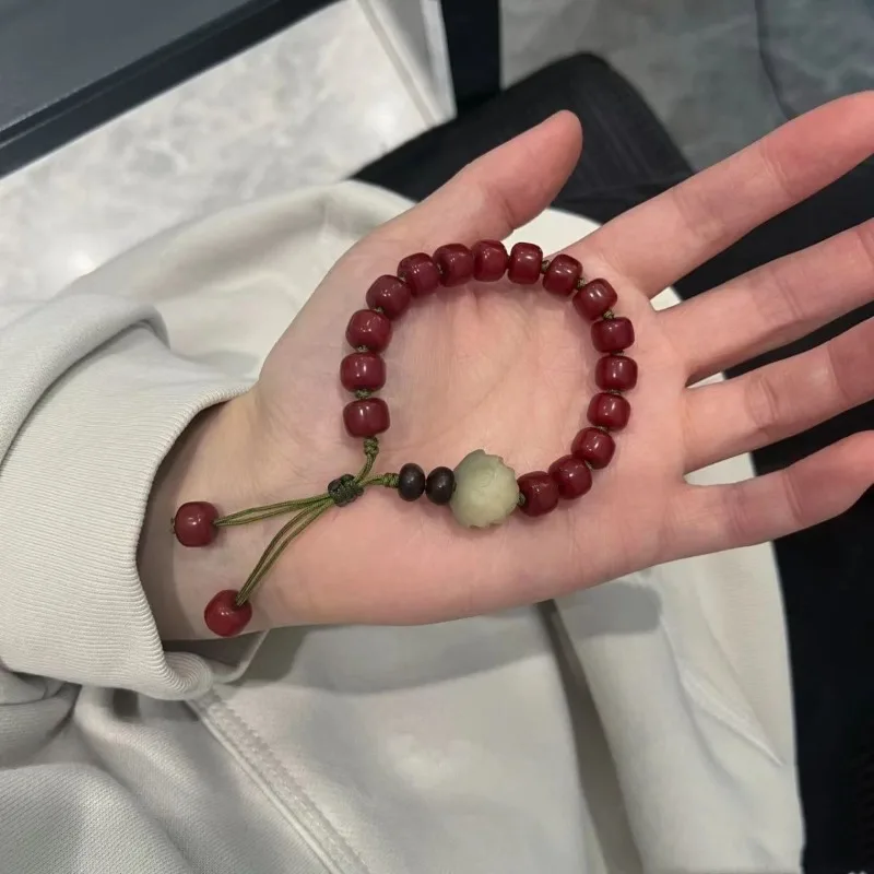 Vermilion Sand Offering Bodhi Root Bracelet Women's Ancient Style New Chinese Lotus Transfer Plate Playing Bracelet Ladies