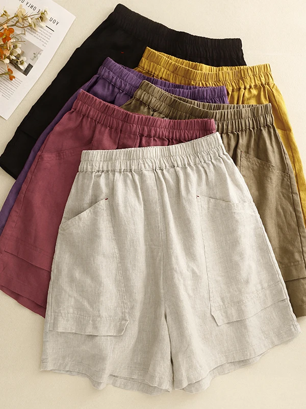 

Повседневные хлопковые льняные брюки с большими количествоми, широкие брюки со свободной талией и эффектом похудения, чистый цвет, летние женские большие размеры