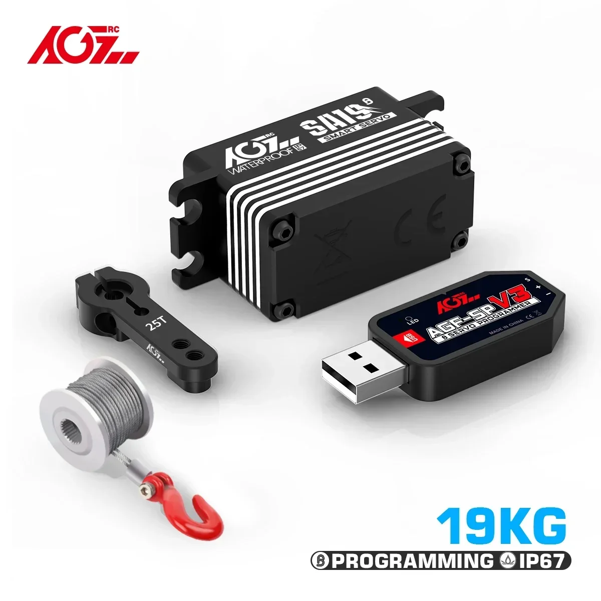 AGFRC SA19 19KG High Torque 0.073Sec Fast Speed 2S Low Profile Programmable Brushles Smart Servo Winch For 1/10 1/12 RC Cars