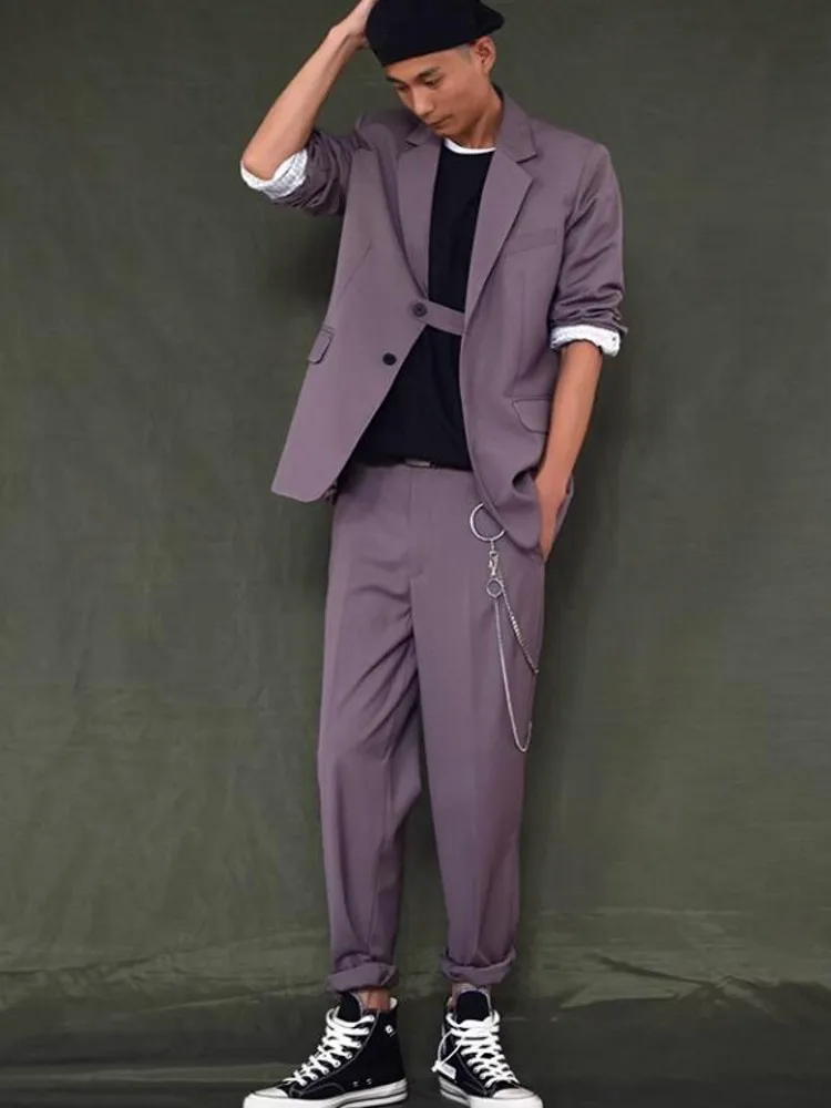 High Street Mens Blazer Jacket Cargo Pants Two Piece Set Business Casual Work Suit Designer Buttons Purple Party Outfits Suits